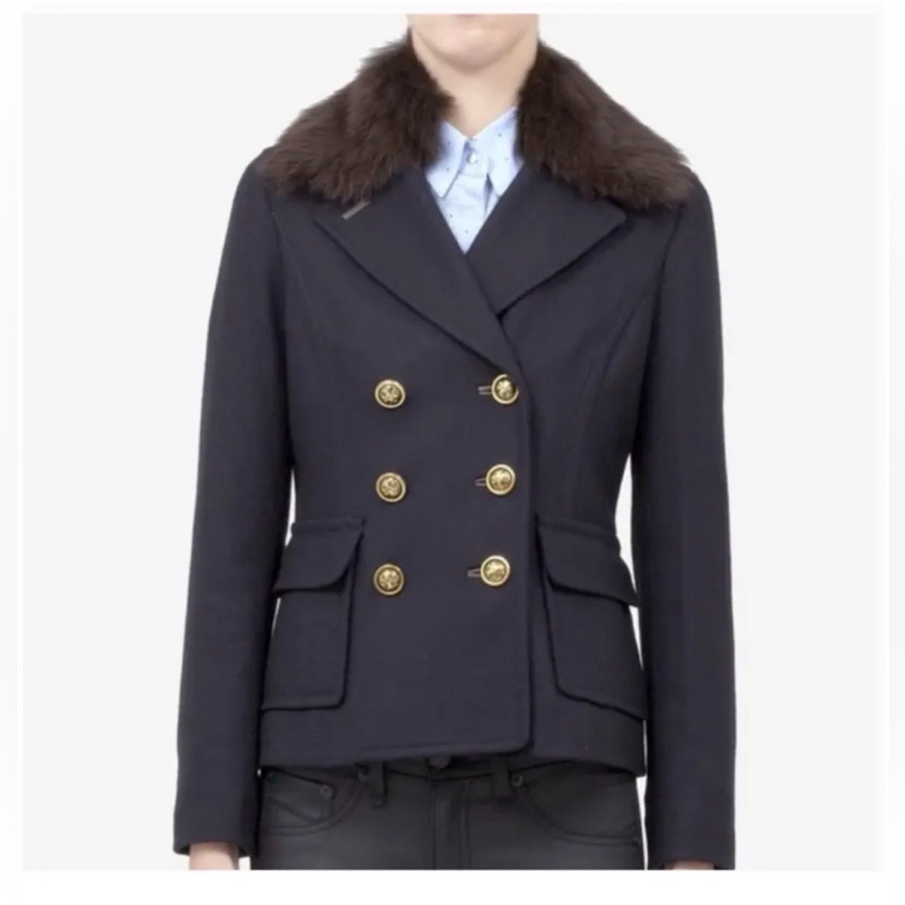 Tory Burch Alexandre Peat Coat Style Navy Genuine Fur Collar EXQUISITE!